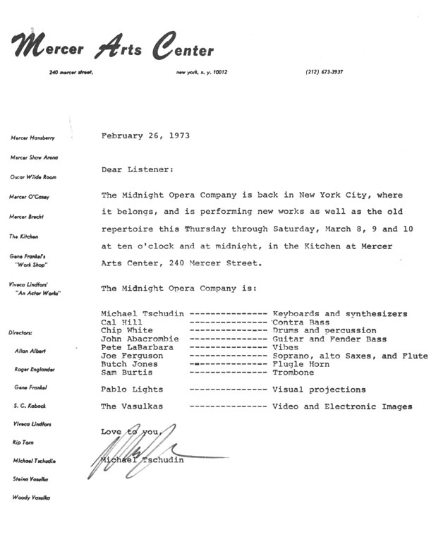 Press Release for the Midnight Opera Company, February 26, 1973